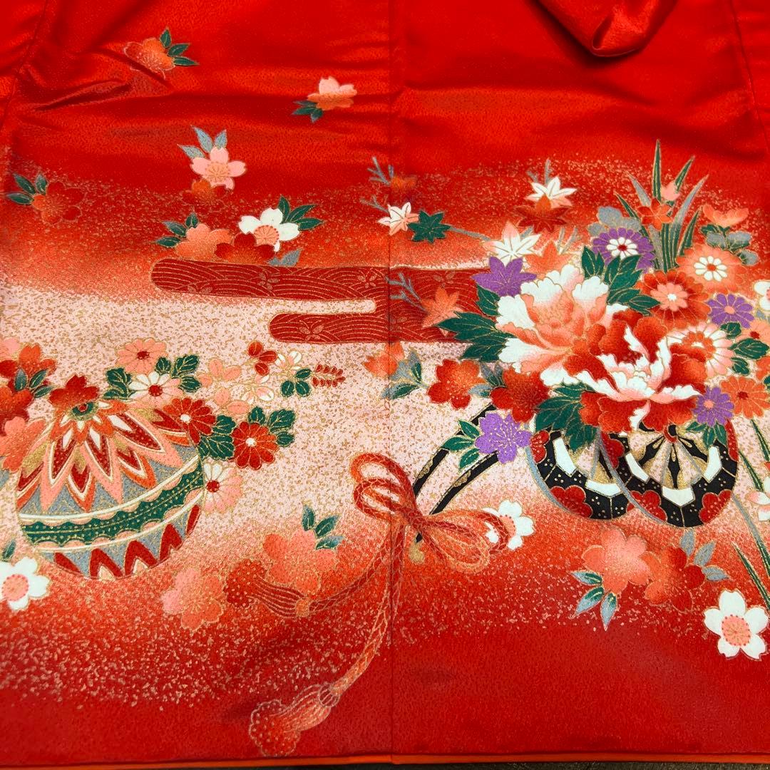 アンティーク 七五三 105cm前後 着物 作り帯 小物一式 フルセット 鼓 赤