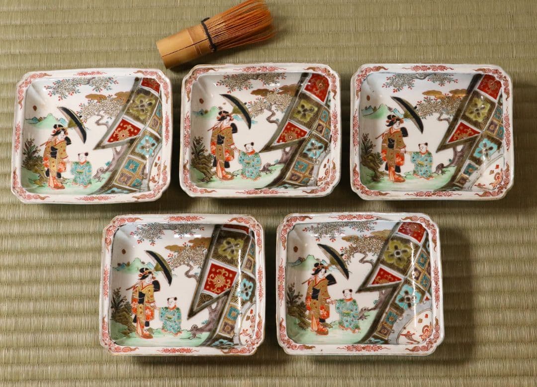 古伊万里 美人図 色絵 角皿 刺身皿 五客 人物 桜 小紋 明治期【MA424】