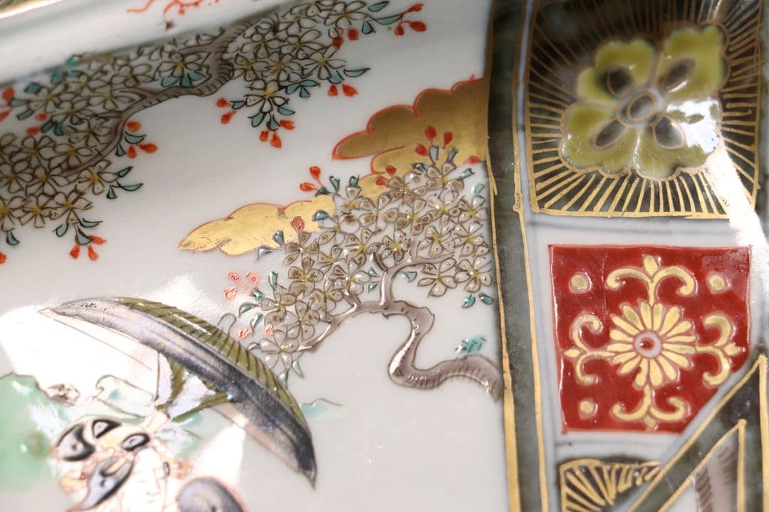 古伊万里 美人図 色絵 角皿 刺身皿 五客 人物 桜 小紋 明治期【MA424】