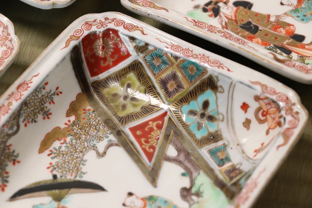 古伊万里 美人図 色絵 角皿 刺身皿 五客 人物 桜 小紋 明治期【MA424】