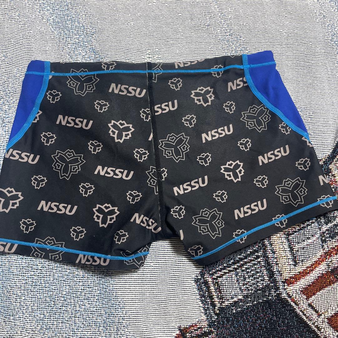 【美品】Mizuno 競泳水着 NSSUロゴ入り サイズO 黒×青 高速水着