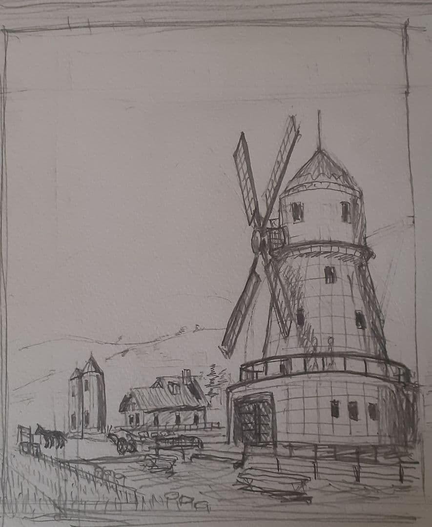 油絵　「白い風車小屋」サイズF6