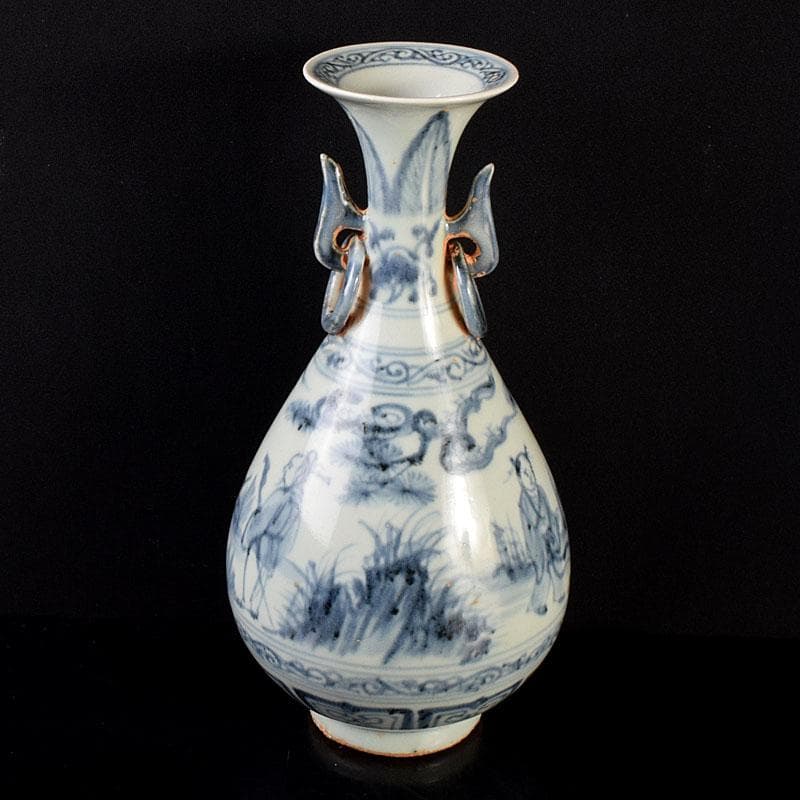 中国　青花　山水人物文　双耳瓶　玉壺春瓶　C　6900