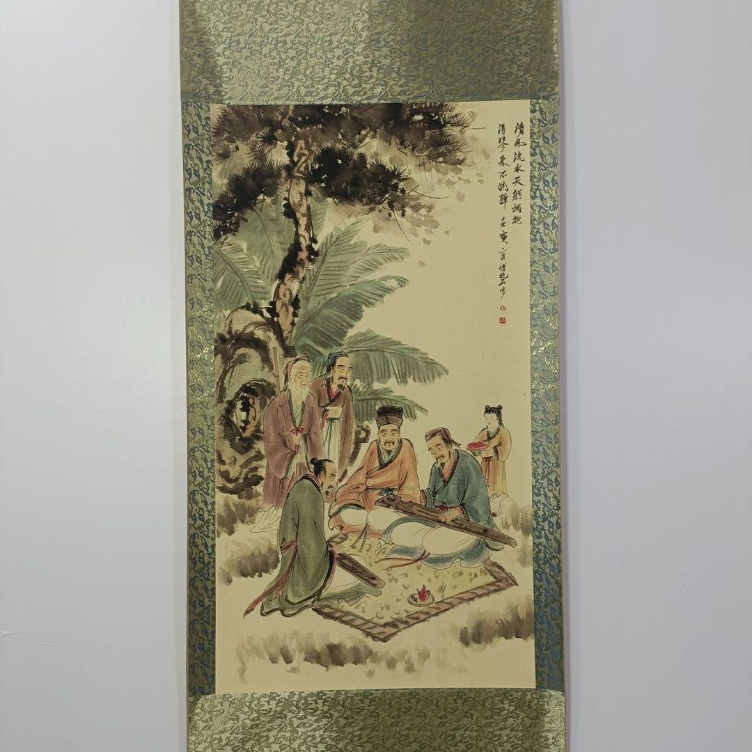 傅抱石《聚賢撫琴図》　三尺中堂掛軸　77×175cm