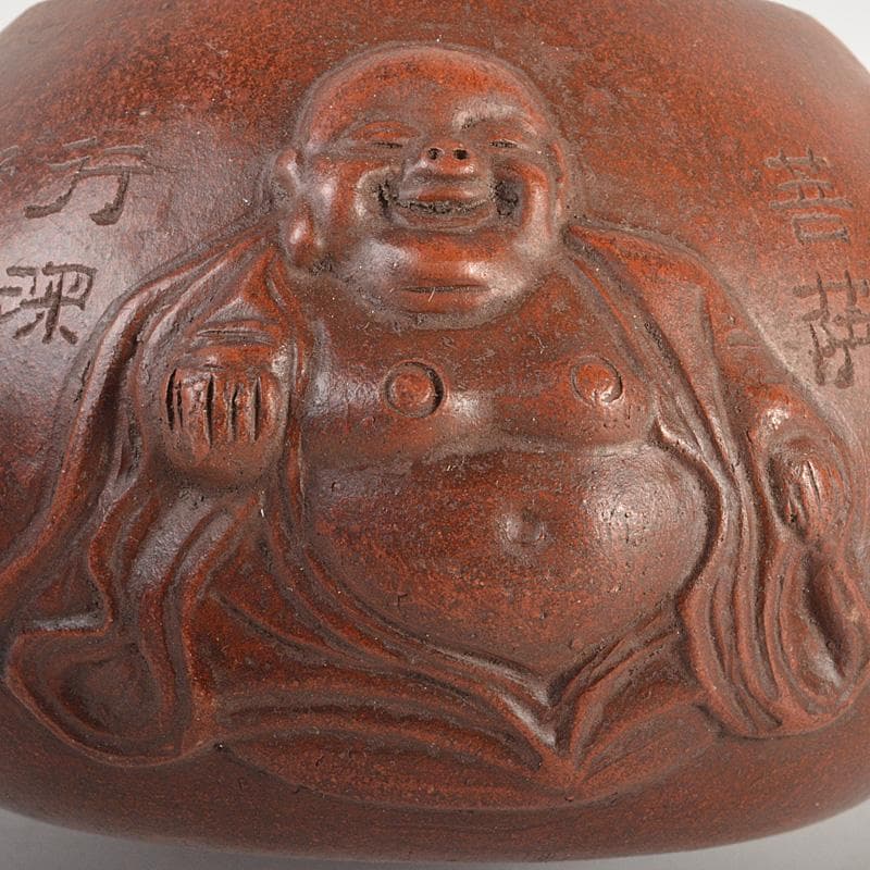 中国　紫砂　朱泥　漢詩布袋像文　急須　茶壷　在銘　N　6667