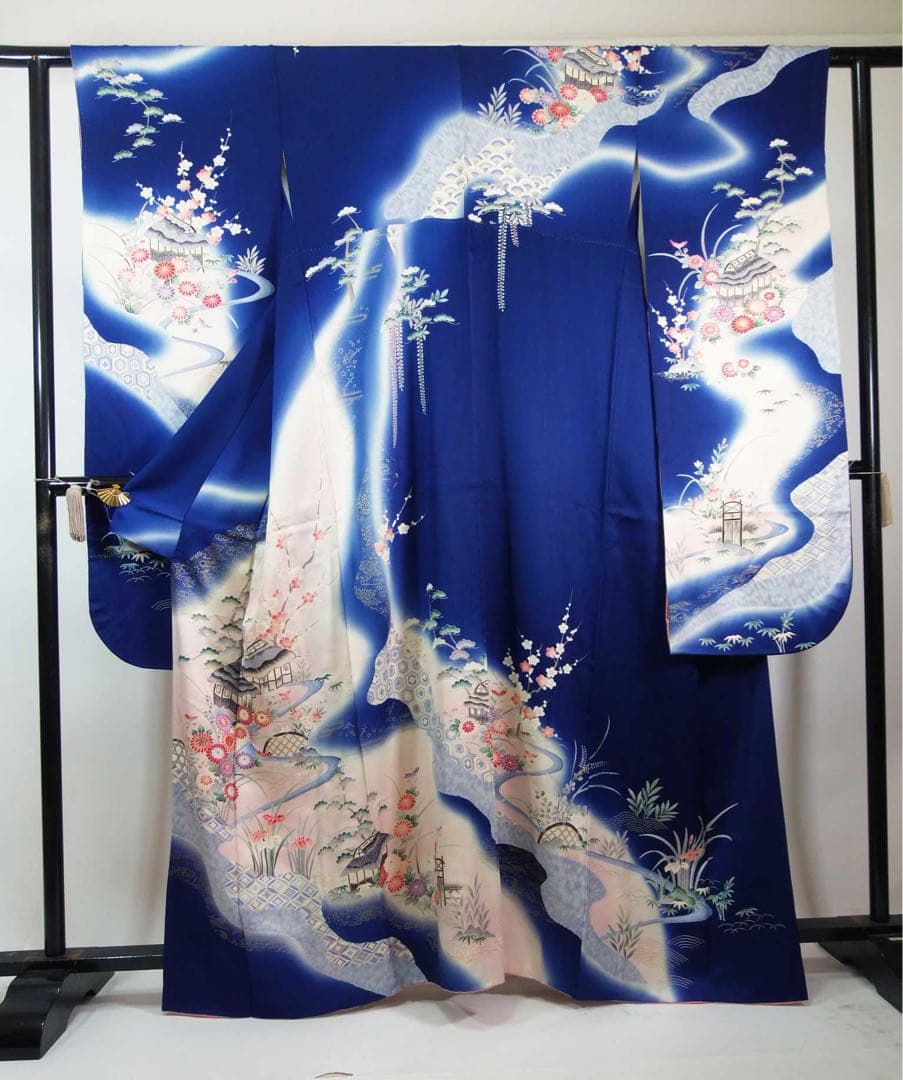 豪華3点セット友禅振袖／茶屋辻文様＊金駒刺繍＊古典風景文様／袋帯・長襦袢付き