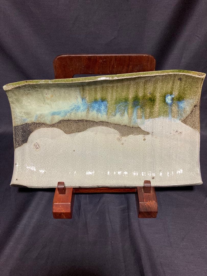 常滑焼　竹内公明　灰釉角皿　江崎一生の弟子