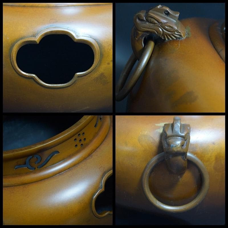 茶道具 大型朝鮮風炉 唐銅鬼面風炉 鉄釜 双龍耳 銅製蓋 総重さ7.9kｇ