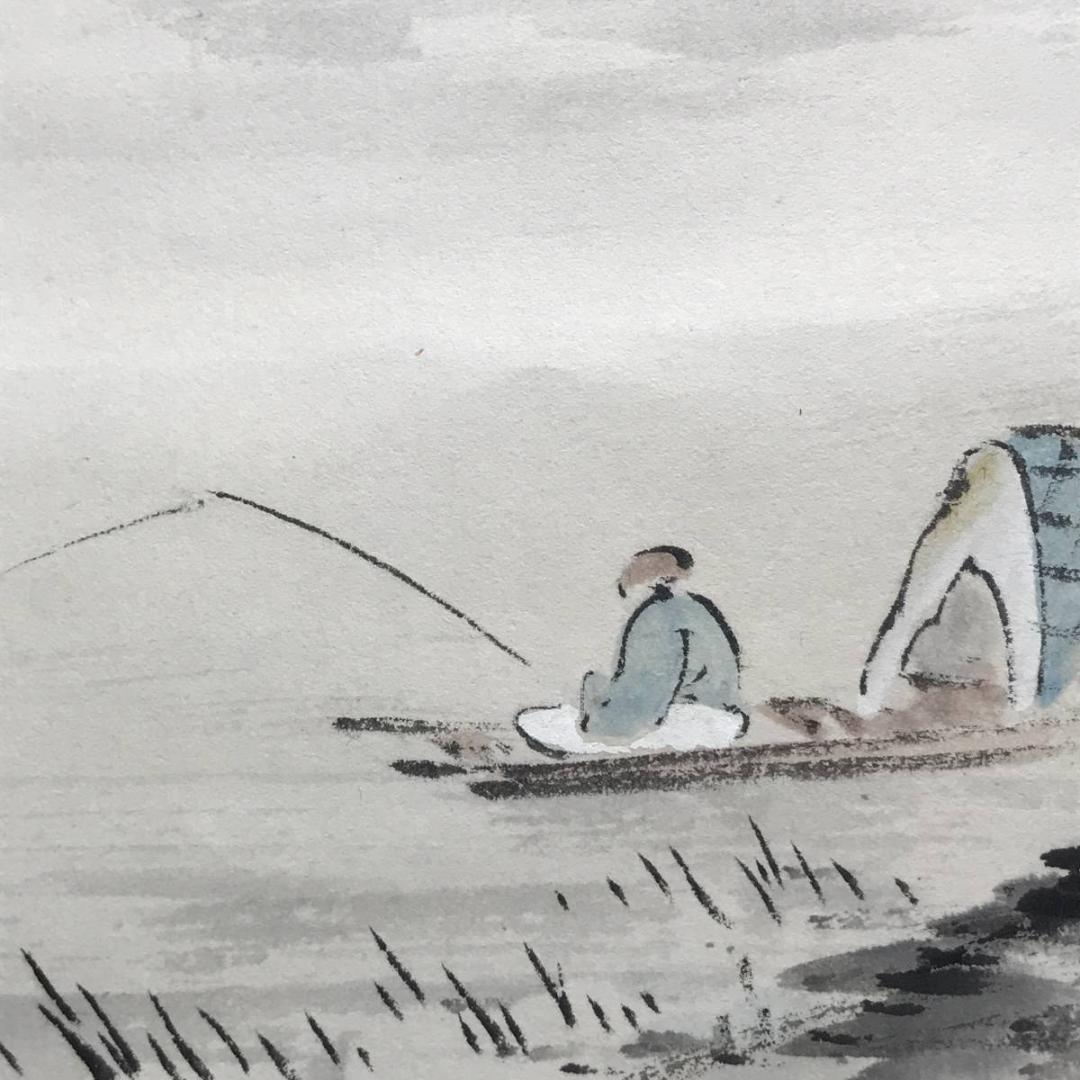 【真作】華英/山湖釣舟画賛/山水図/横物/掛軸/名家伝来/AC-750