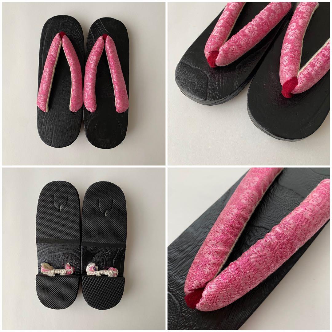 【浴衣5点セット】ボヌールセゾン　浴衣　半幅帯　飾り帯　かごバッグ　下駄　椿　縞