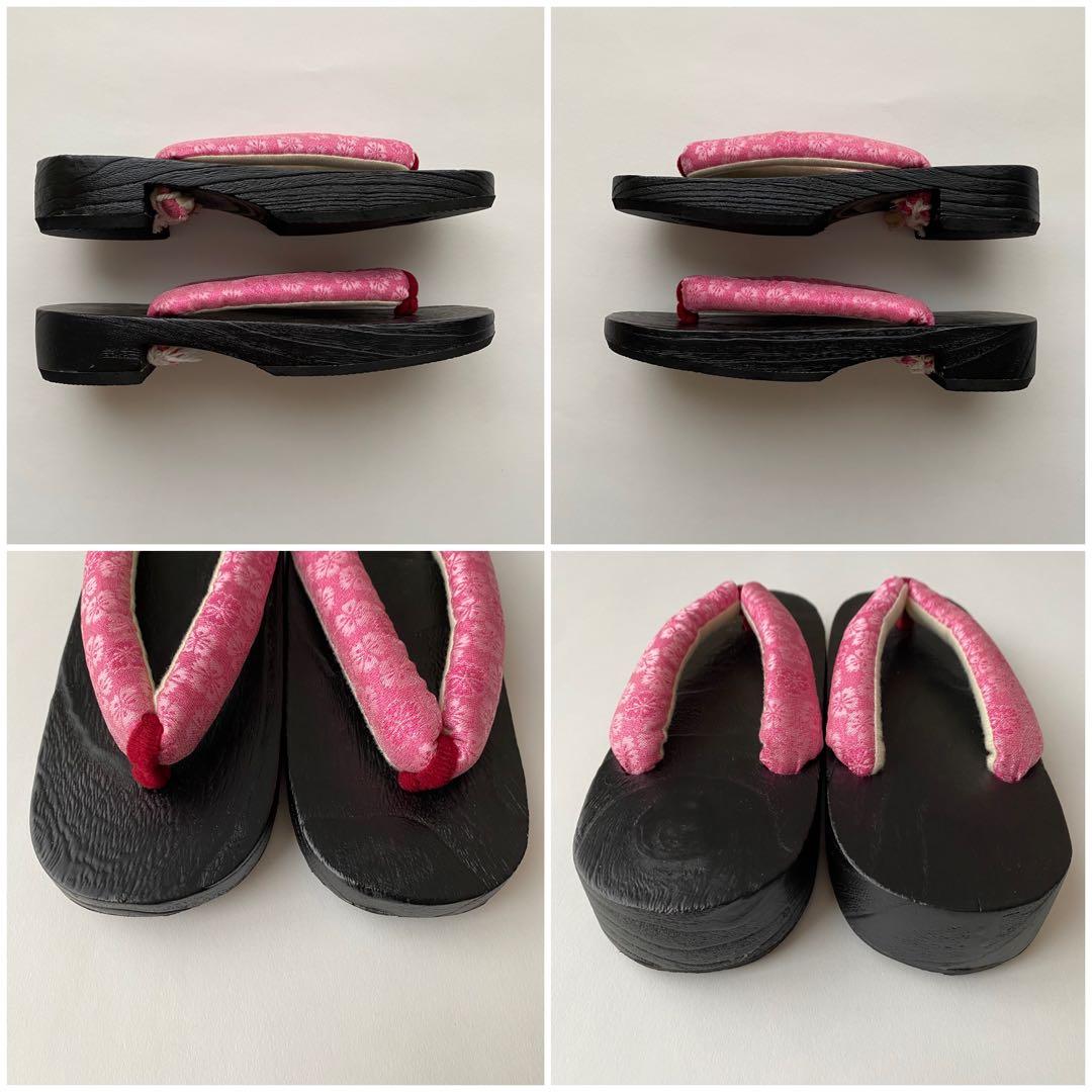 【浴衣5点セット】ボヌールセゾン　浴衣　半幅帯　飾り帯　かごバッグ　下駄　椿　縞