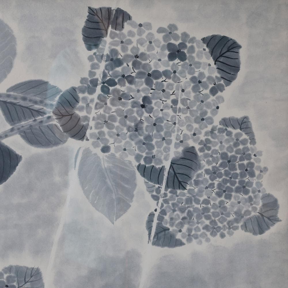 水墨画 在銘 花鳥図 紫陽花と雀 額装 あじさい 縦72㎝ 横85㎝ F35号