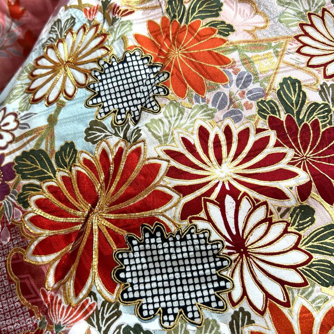 460 振袖のみ 正絹 コーラルピンク 桃 赤 金彩 駒刺繍 暈し染め