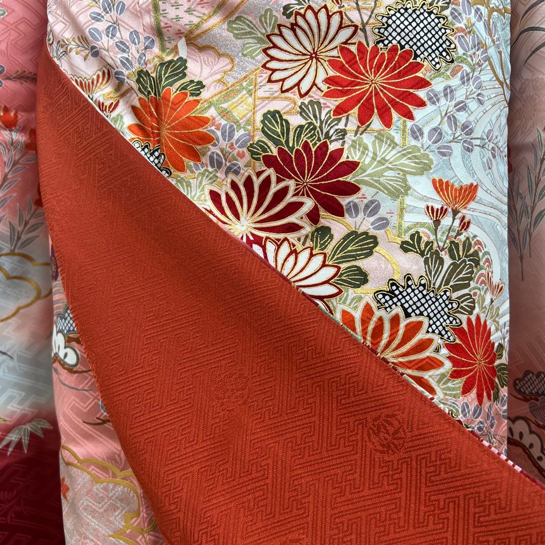 460 振袖のみ 正絹 コーラルピンク 桃 赤 金彩 駒刺繍 暈し染め