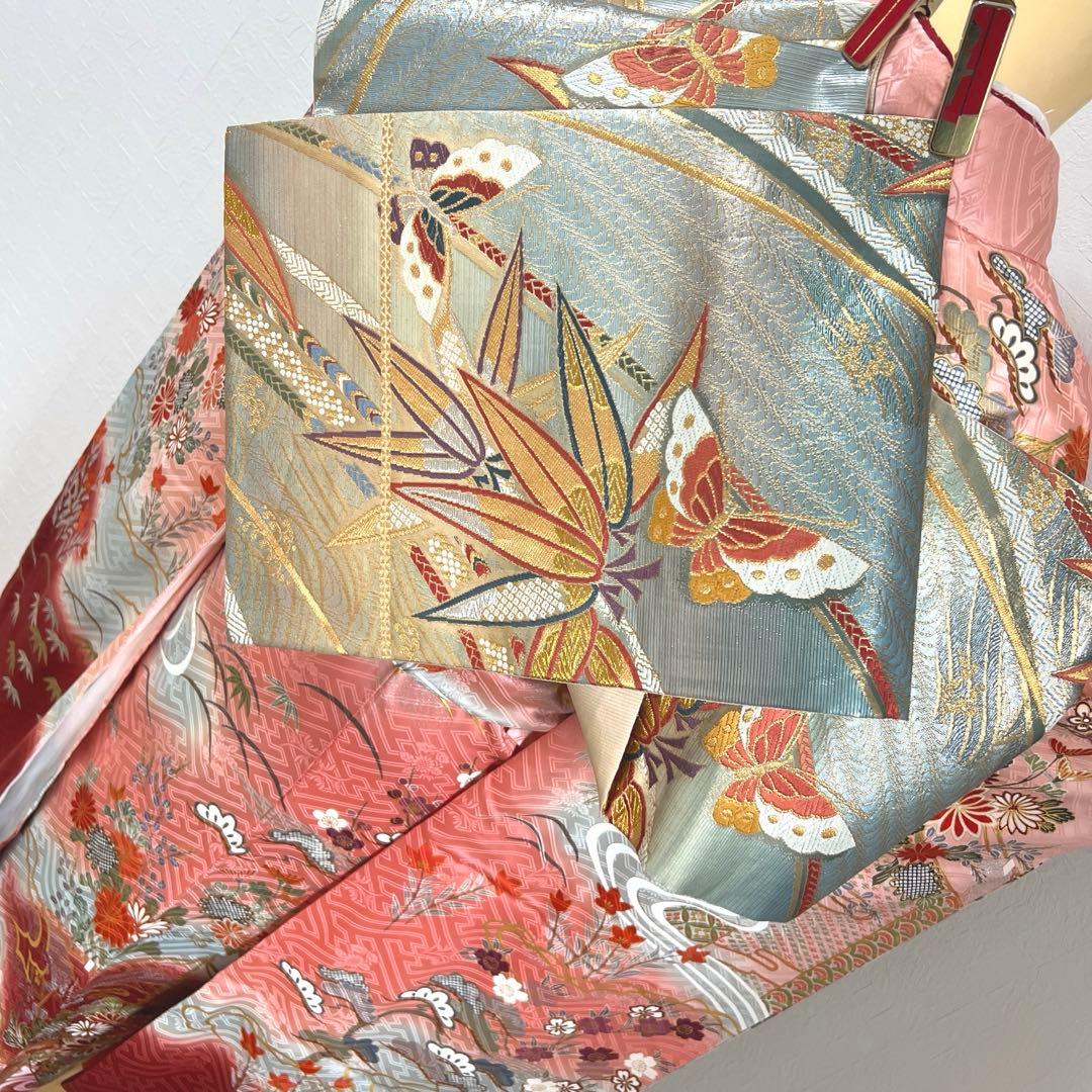 460 振袖のみ 正絹 コーラルピンク 桃 赤 金彩 駒刺繍 暈し染め