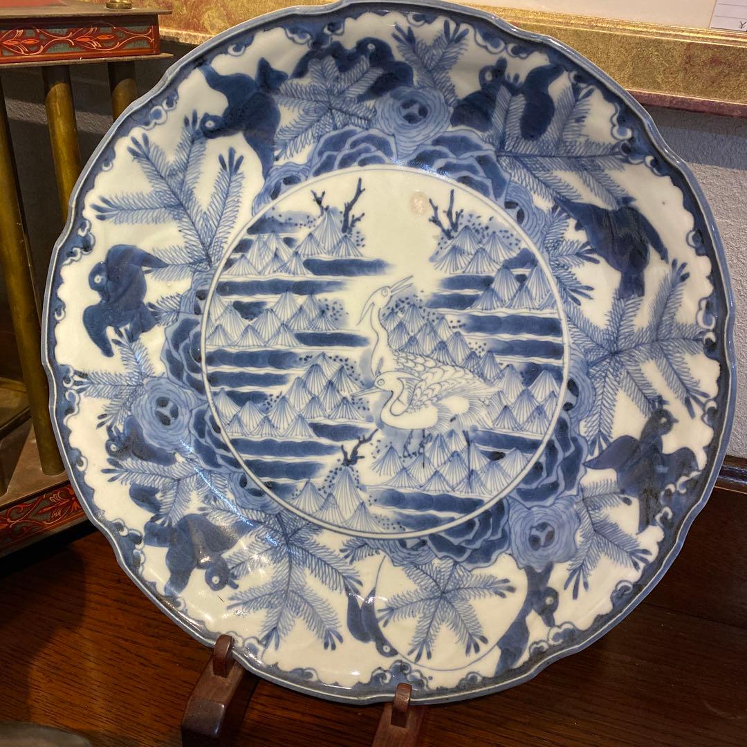 芙蓉手　鷺　大皿　青絵