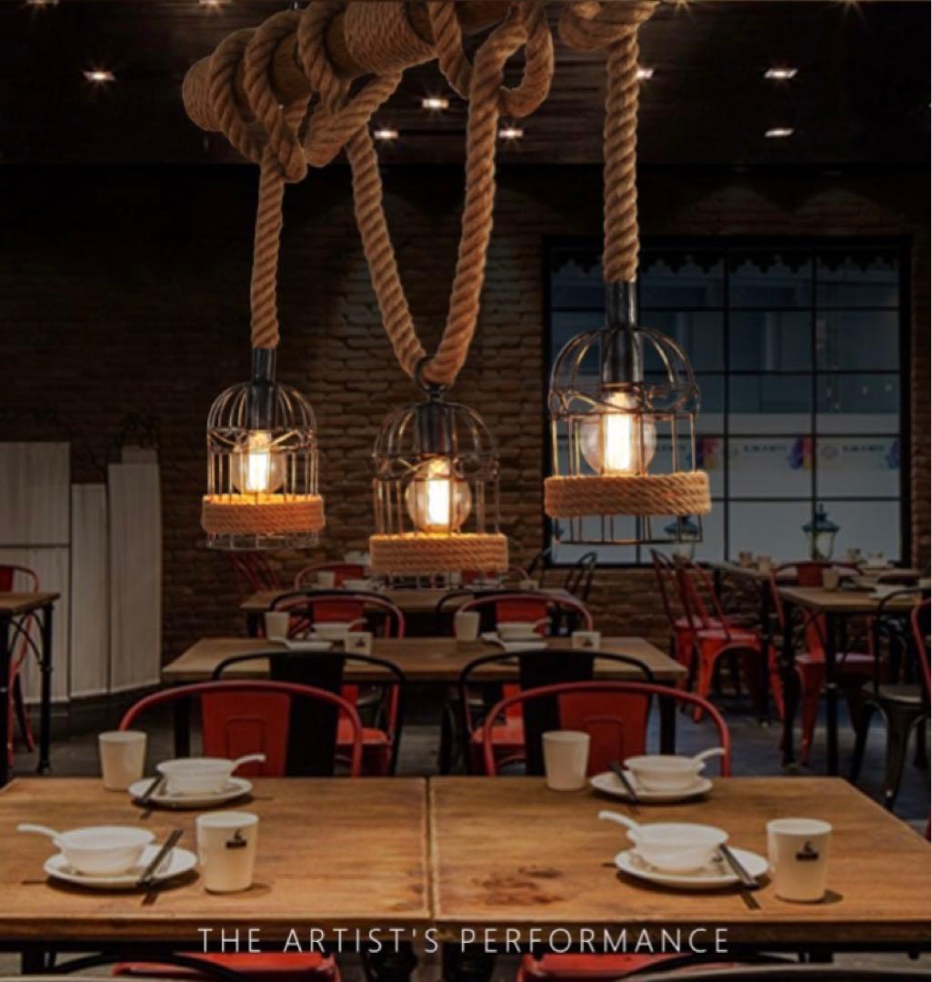 K*）様 LED電球付き ヴィンテージ風 3灯シャンデリア 木材・金属・ロープ製