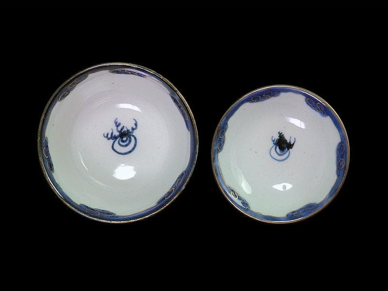 古伊万里　色絵　団龍紋　青海波に花の図　蓋茶碗　２客　D096AS-CWl