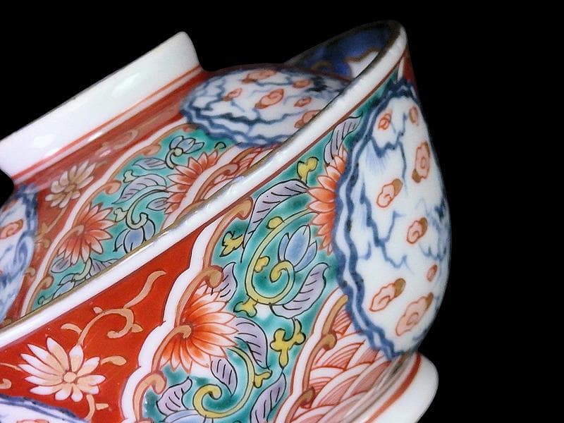 古伊万里　色絵　団龍紋　青海波に花の図　蓋茶碗　２客　D096AS-CWl