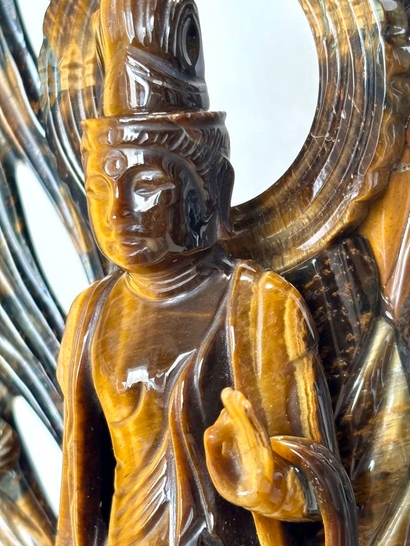 #伝統工芸士 田中保山（甲州水晶貴石細工） 虎目石 聖観音像 ガラスケース入り