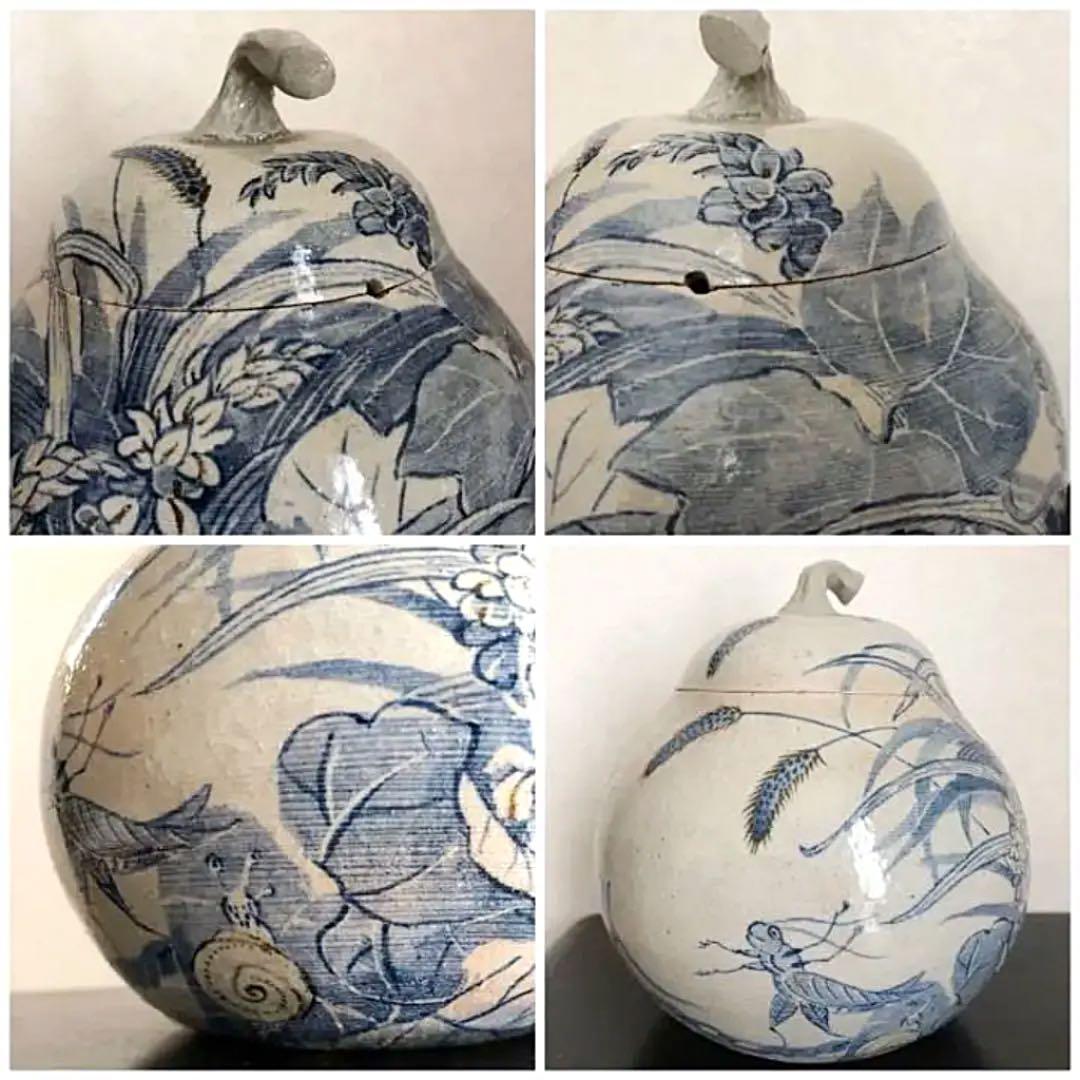 飾り蓋壺 陶器 草の陣 在銘 共箱 蓋物