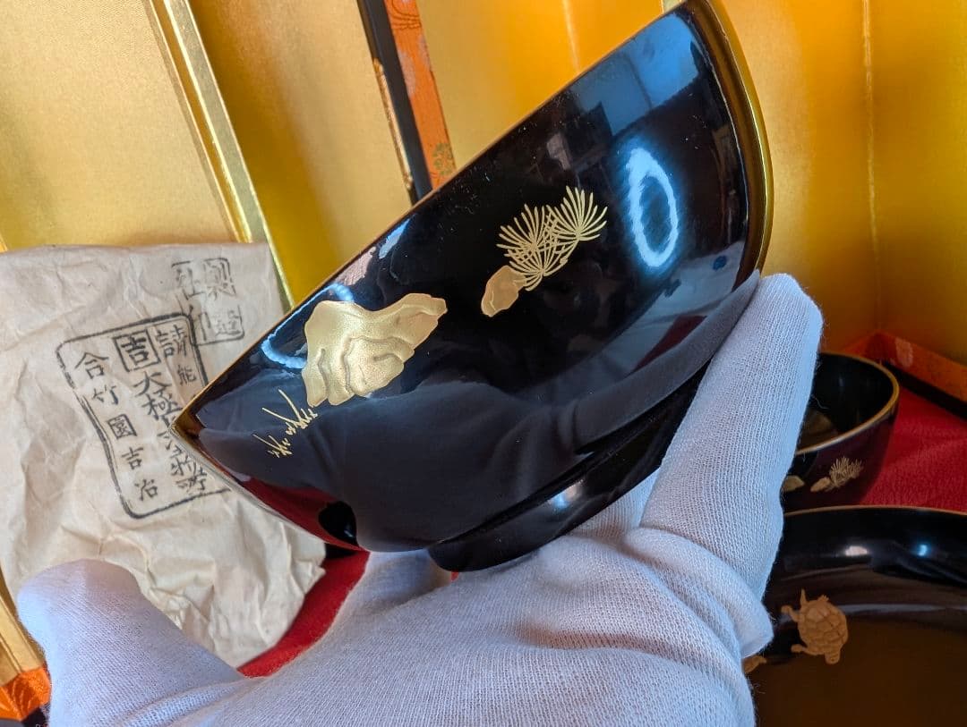 明治時代 輪島塗 金蒔絵 椀 2客 鶴亀 お正月用 木製 汁椀 菓子椀 漆器