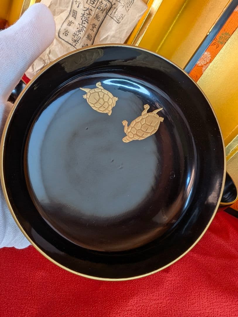 明治時代 輪島塗 金蒔絵 椀 2客 鶴亀 お正月用 木製 汁椀 菓子椀 漆器