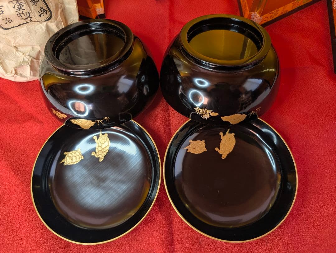 明治時代 輪島塗 金蒔絵 椀 2客 鶴亀 お正月用 木製 汁椀 菓子椀 漆器