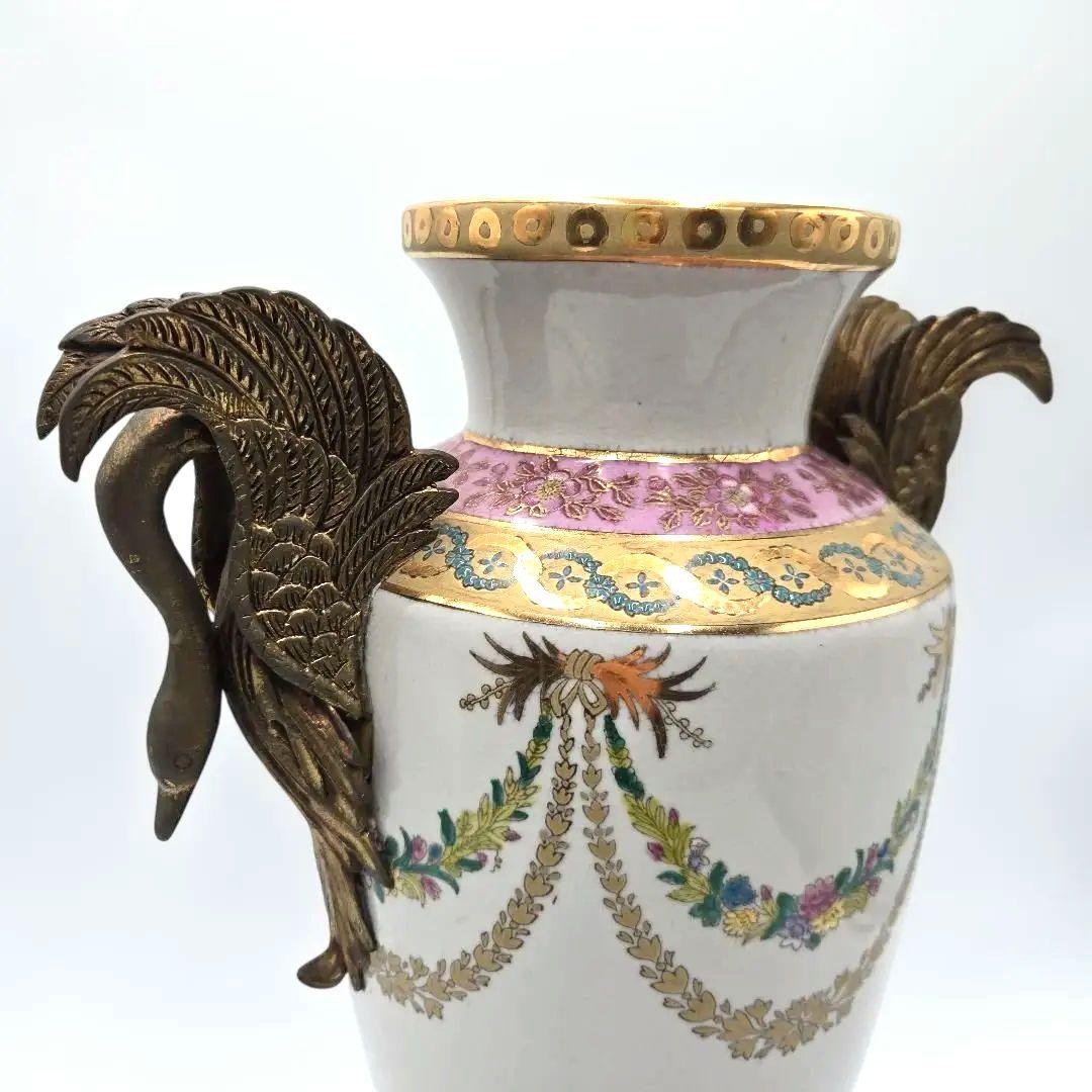 アンティーク 陶器製花瓶 白鳥のハンドル