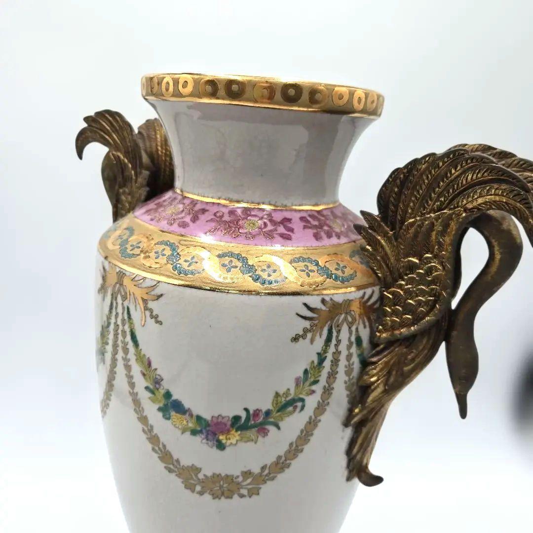 アンティーク 陶器製花瓶 白鳥のハンドル