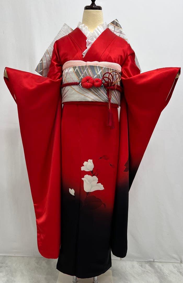 振り袖　フルセット　長襦袢付　赤　黒　ツートーン　成人式　パーティー　665