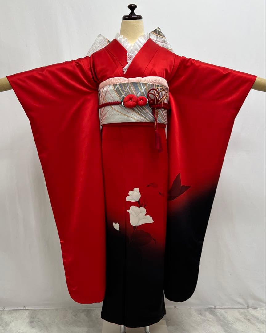 振り袖　フルセット　長襦袢付　赤　黒　ツートーン　成人式　パーティー　665