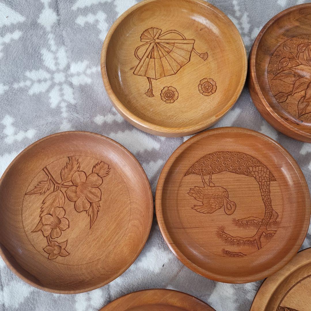 木製 彫刻盆 12枚セット お盆 宮島彫 お菓子 茶 鶴 桜 牡丹 扇 レトロ