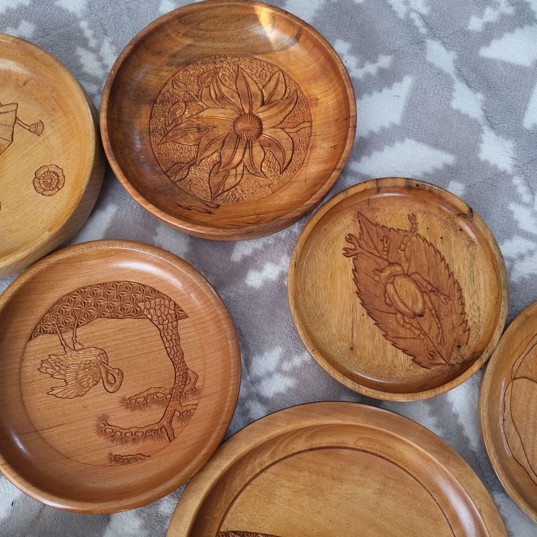 木製 彫刻盆 12枚セット お盆 宮島彫 お菓子 茶 鶴 桜 牡丹 扇 レトロ