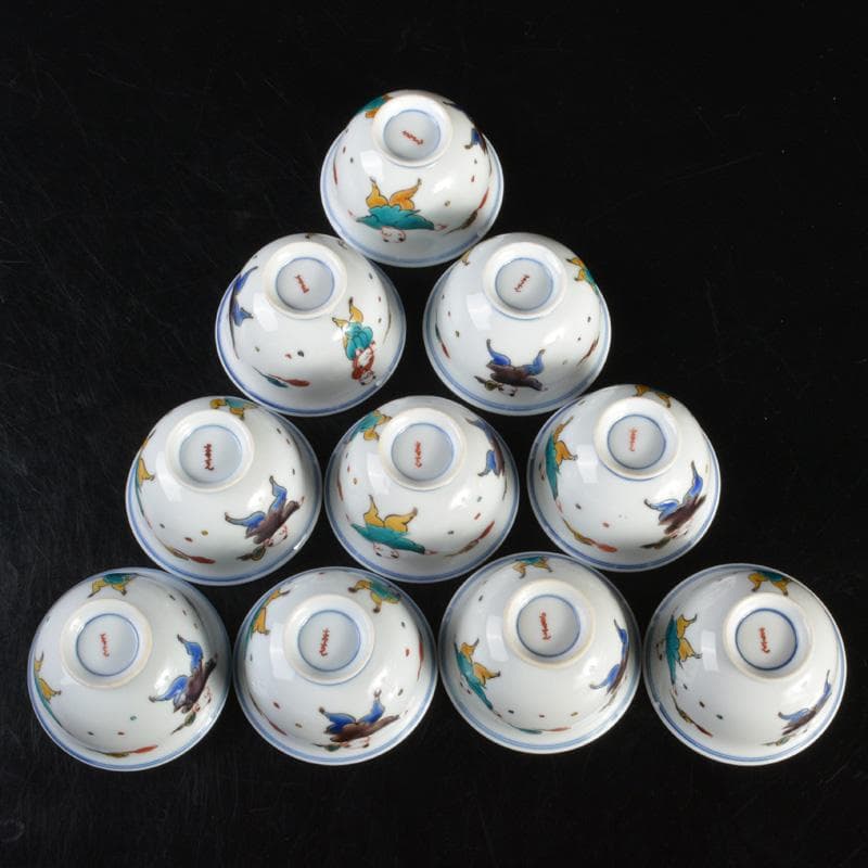 九谷焼　堀江青光作　色絵唐子文　波出茶碗　10客　共箱　V　6261