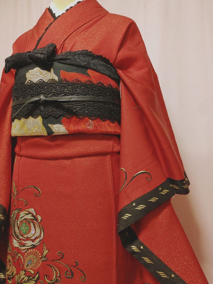 あらん　振袖　袋帯　帯揚げ　帯締め　セット　薔薇　赤　金通し