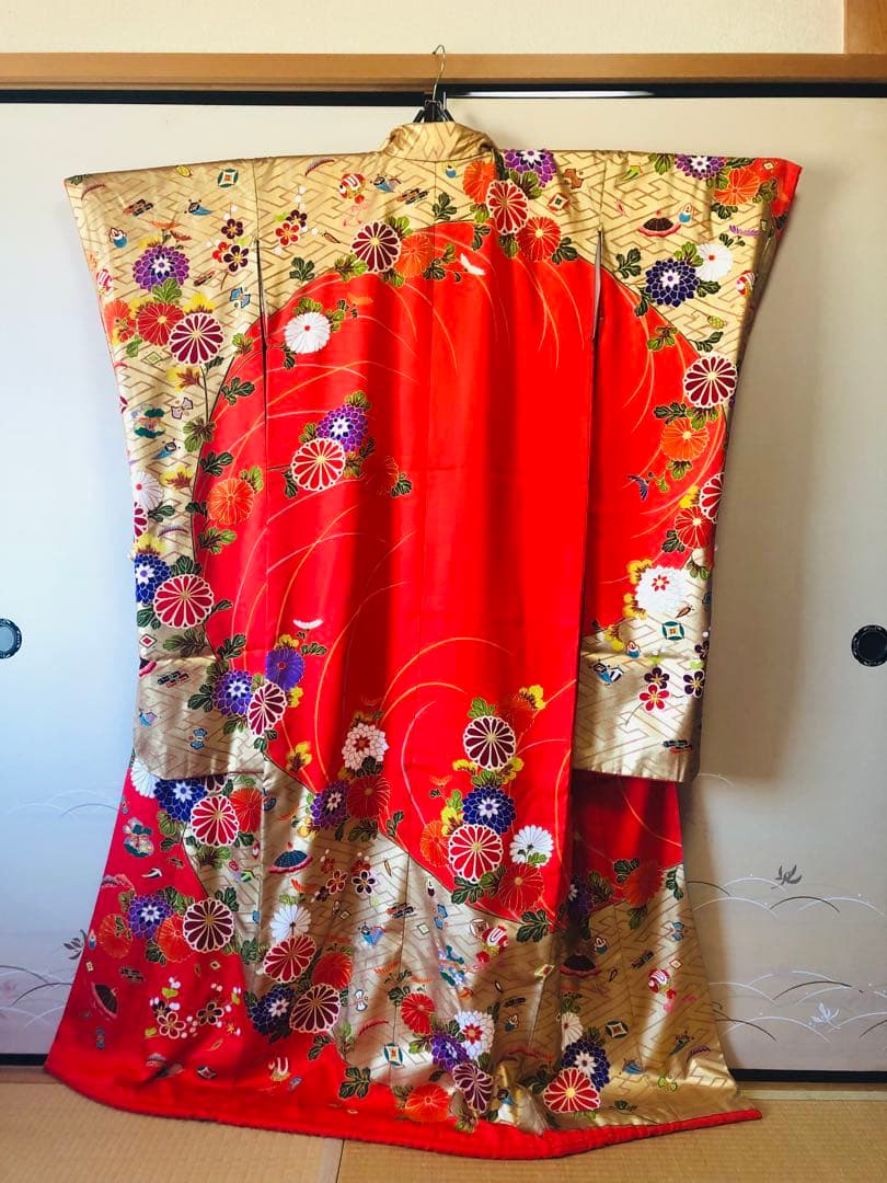 【豪華美品】引き振袖　お引きずり　和装婚　前撮り　朱色花柄