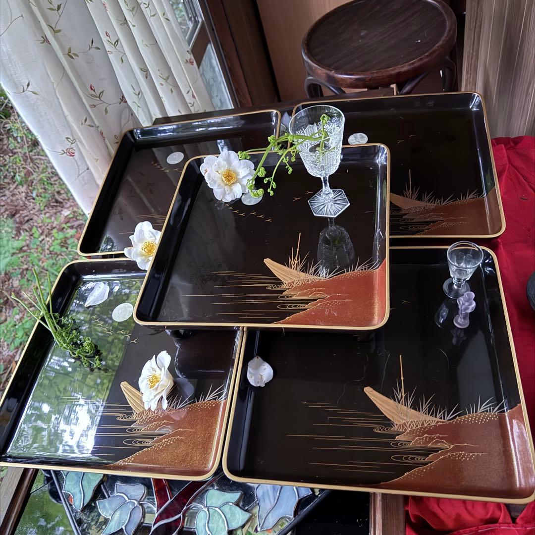 超限定無事終了‼️JAPAN時代蒔絵「源氏物語　須磨　明石」御膳5客