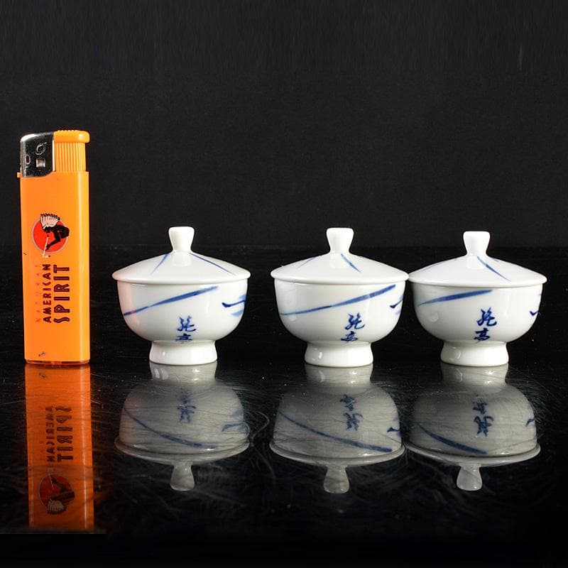 京焼　平安　光峰作　染付笹文　蓋付　猪口　３客　V　6061