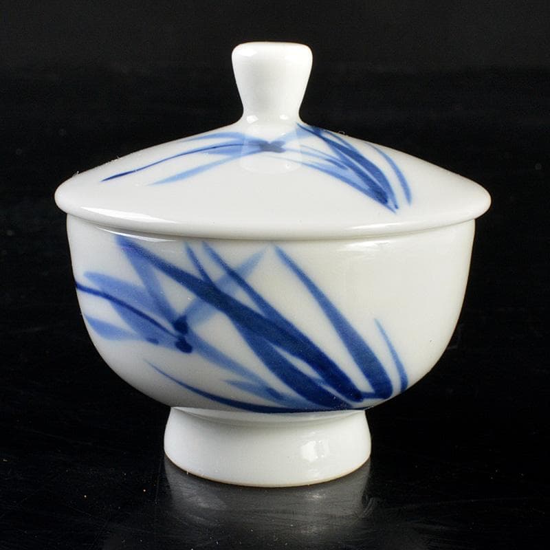 京焼　平安　光峰作　染付笹文　蓋付　猪口　３客　V　6061