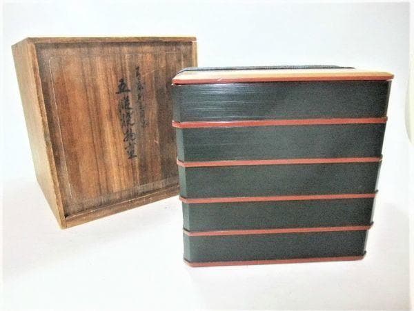 平安 象彦 五段焼物重 古漆刷毛目塗 天然木 本漆器 時代物 骨董