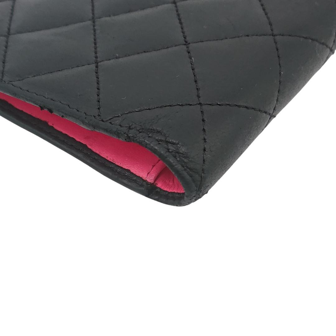 シャネル　カンボンライン　長財布　ブラックｘブラックｘピンク　レザー