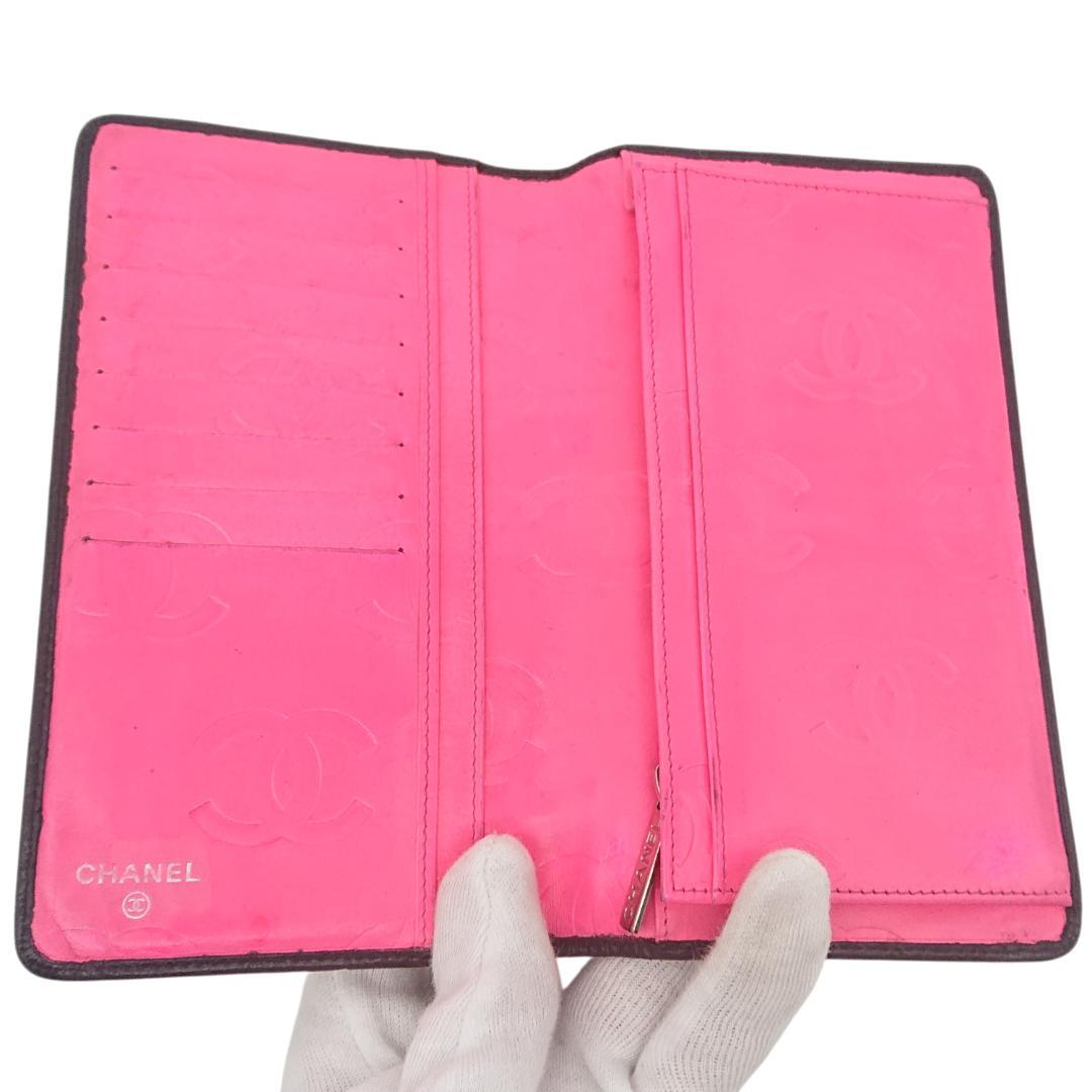 シャネル　カンボンライン　長財布　ブラックｘブラックｘピンク　レザー