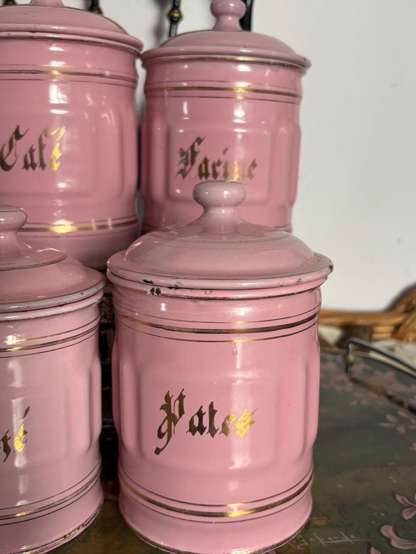 ピンク ホーロー キャニスター 6個セット フランスヴィンテージ