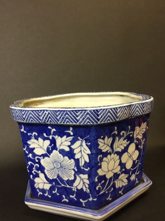 超大 染付六面梅花形植木鉢 盆栽鉢 冰裂纹青花花盆年代物古美術