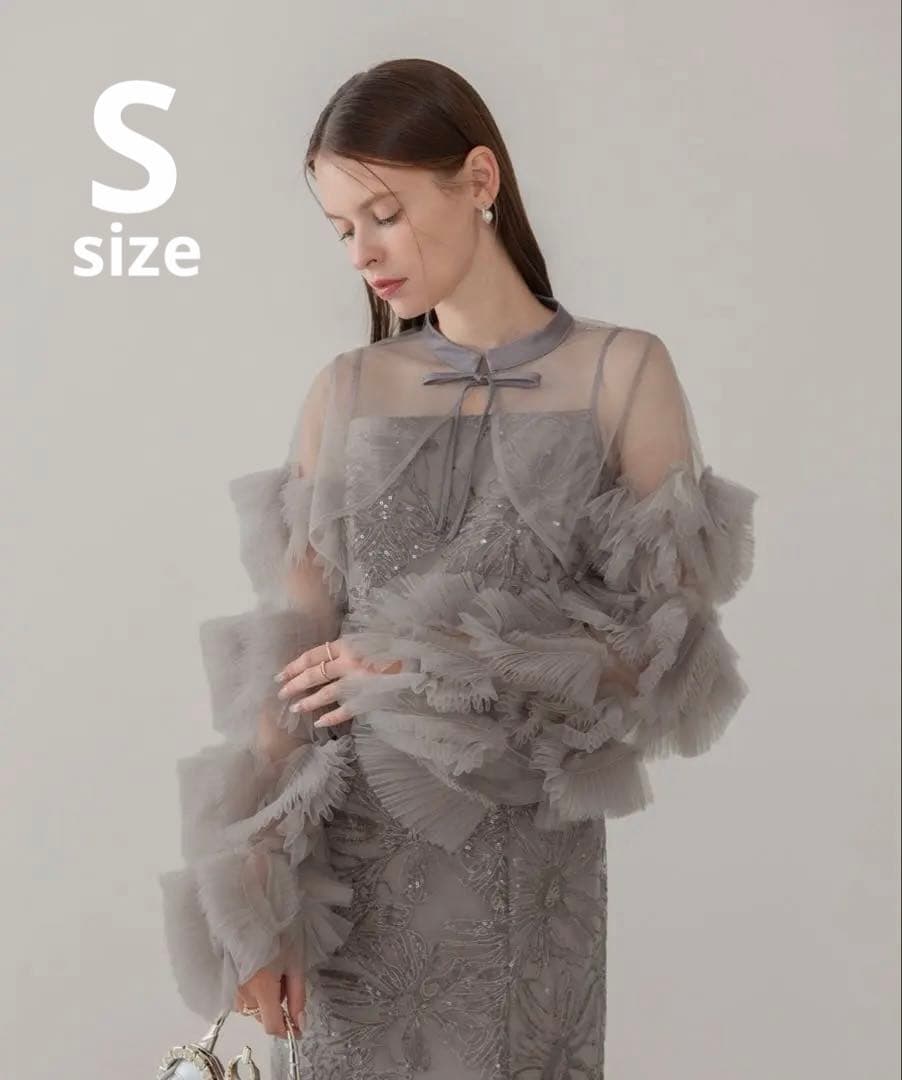 フリルチュールスリーブリボンIラインワンピースドレス