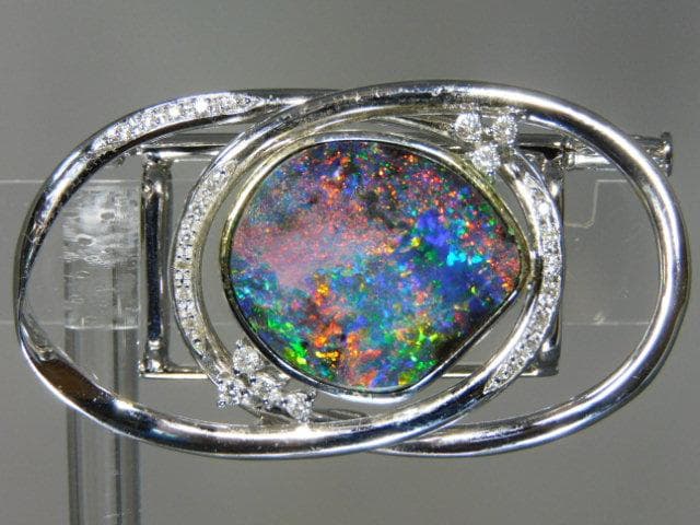 天然ボルダーオパール ダイヤ入 K18WG K14WGブローチ 帯留 ユーズド品