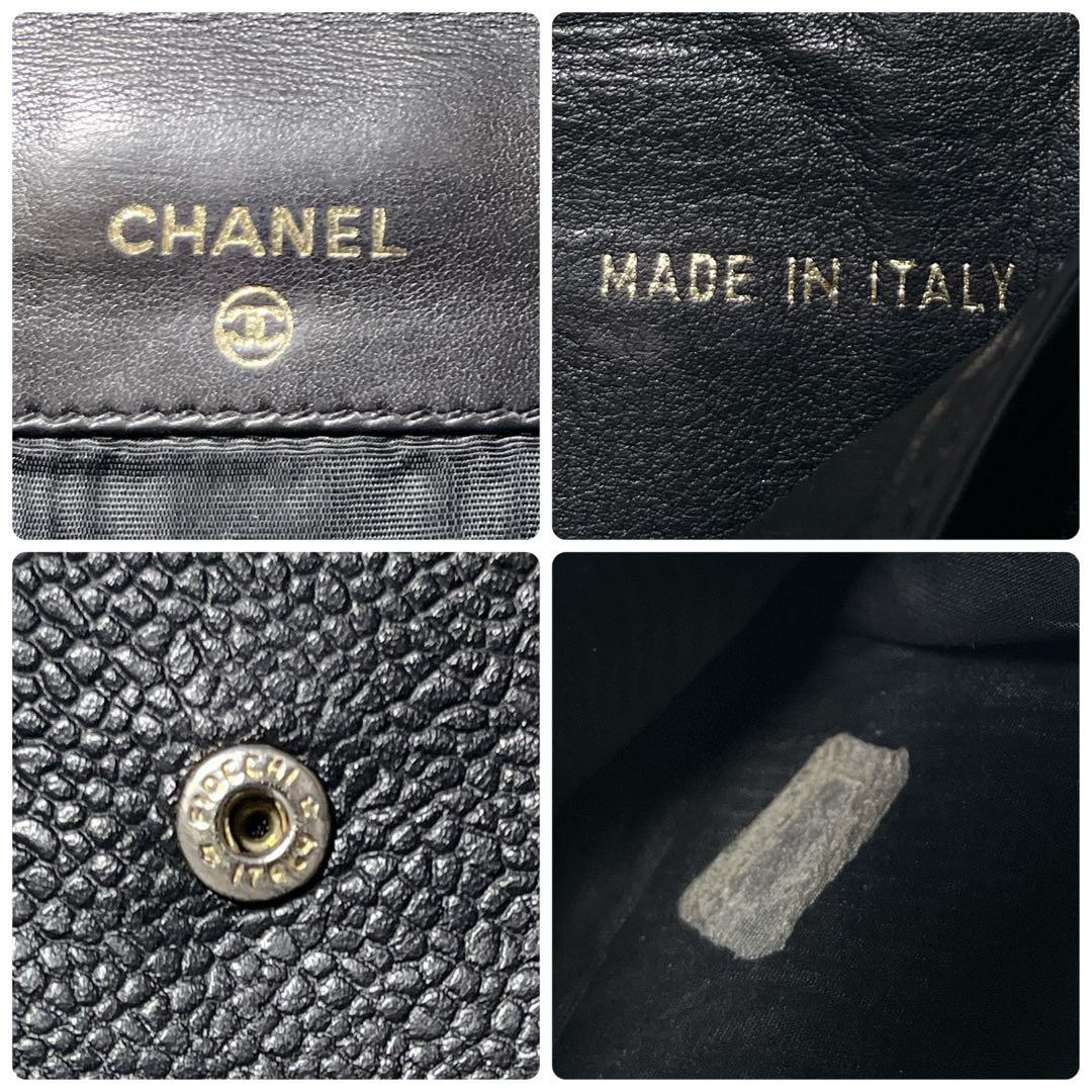 CHANEL ブラックレザー 二つ折り財布　ココマーク　キャビアスキン　本革