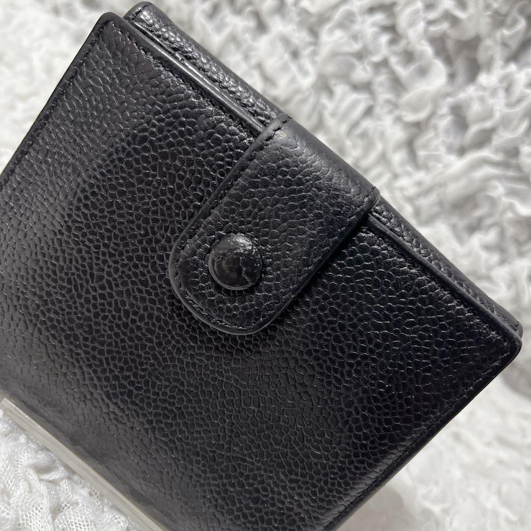 CHANEL ブラックレザー 二つ折り財布　ココマーク　キャビアスキン　本革