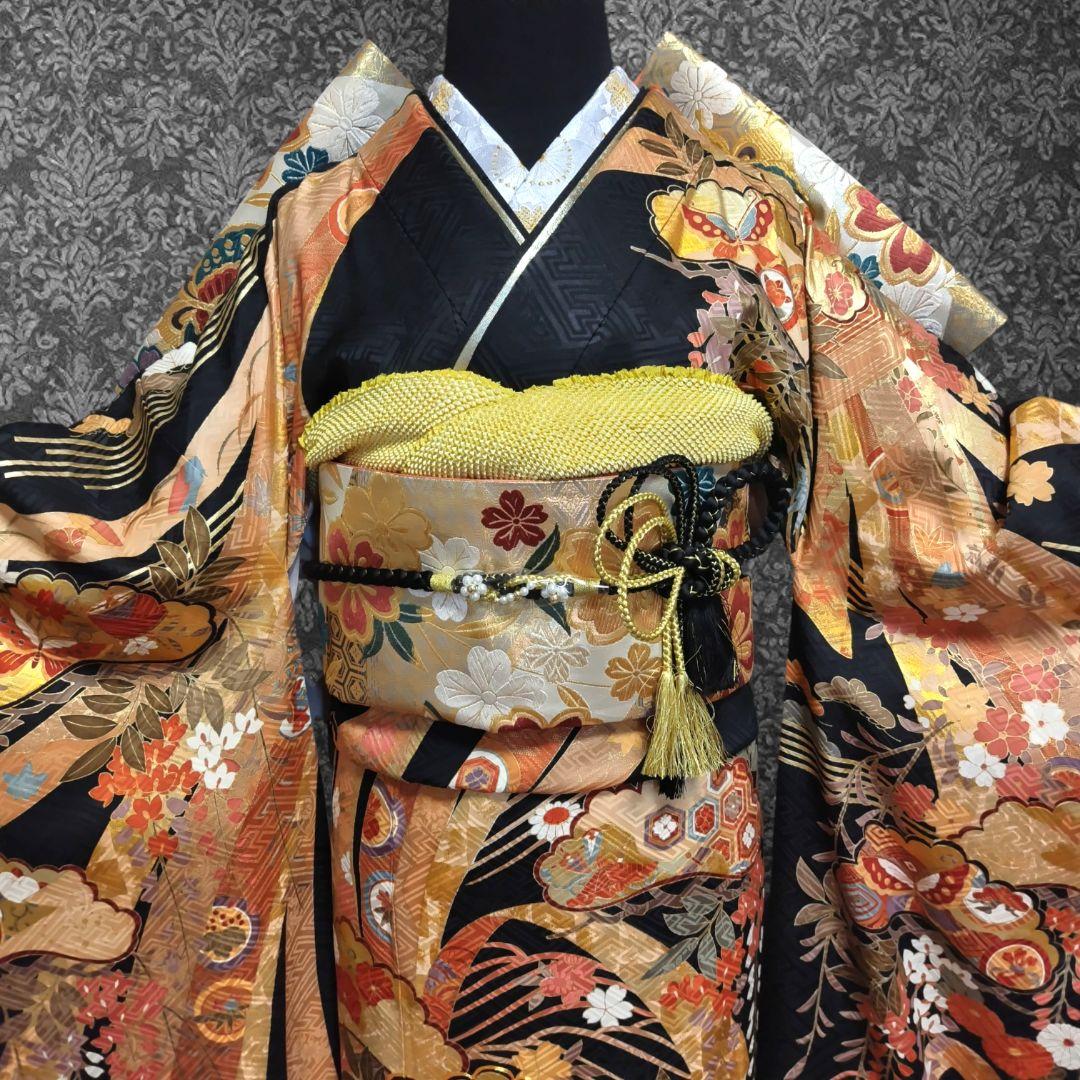 振袖フルセット(7点)・成人式・古典柄・金彩加工・束ね熨斗・金駒刺繍・正絹